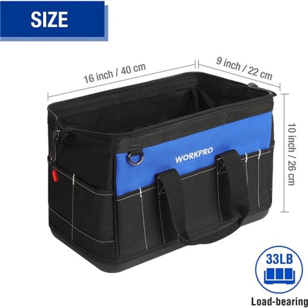 WORKPRO 16-inch Wide Mouth Tool Bag with Water Proof Molded Base
